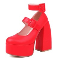 Round Toe Chunky Heels Ankle Buckle Double Straps Platforms Pumps - Red Faux Leather