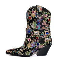 Pointed Toe Embroidered Chunky Heels Belt Buckle Straps Crystals Cowboy Boots - Black