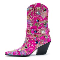 Pointed Toe Embroidered Chunky Heels Belt Buckle Straps Crystals Cowboy Boots - Hot Pink