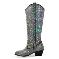 Pointed Toe Chunky Heels Rhinestones Blings Knee High Western Cowboy Pull On Boots - Black Sequined Cloth