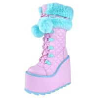 Round Toe Ankle Highs Platforms Cute Anime Double Color Lace Up Wedges Boots - Pink Blue Faux Leather