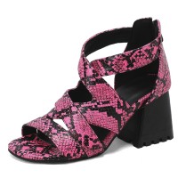 Peep Toe Back Zipper Chunky Heels Snake Print Roman Summer Sandals - Rose Red