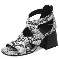 Peep Toe Back Zipper Chunky Heels Snake Print Roman Summer Sandals - White