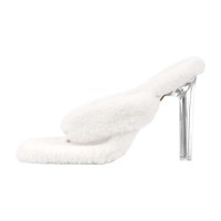 Square Open Toe Stiletto Transparent Heels Sherpa Flip Flops Sandals Slippers - White Faux Fur