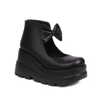 Round Toe Platforms Bow Decorated Back Zipper Ankle High Loafers Wedges - Black