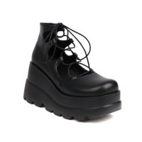 Round Toe Platforms College Style Lolita Lace Up Loafers Wedges - Black