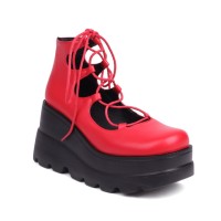 Round Toe Platforms College Style Lolita Lace Up Loafers Wedges - Red