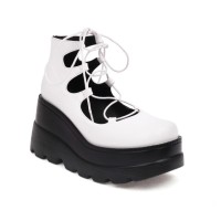 Round Toe Platforms College Style Lolita Lace Up Loafers Wedges - White