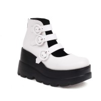 Round Toe Platforms Mary Janes Ankle High Loafers Wedges - White