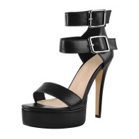 Peep Toe Stiletto Heels Ankle Buckle Double Straps Platforms Sandals - Black
