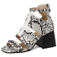 Peep Toe Ankle Straps Snake Print Chunky Heels Sandals - White