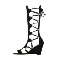 Peep Toe Gladiators Lace Up Wedges Sandals with Back Zipper - Black