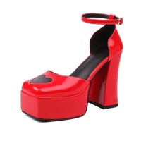 Square Toe Chunky Heels Heart Pattern Cute Ankle Buckle Straps Platforms Sandals - Red Patent