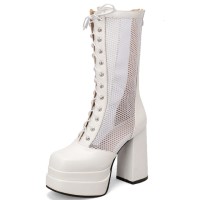 Round Toe Platforms Chunky Heels Transparent Summer Punk Rock Lace Up Boots - White