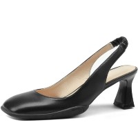 Square Toe Chunky Heels Leather Vintage Slingback Pumps - Black