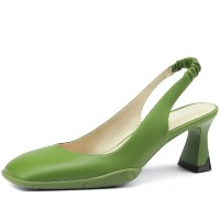 Square Toe Chunky Heels Leather Vintage Slingback Pumps - Green