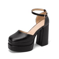 Round Toe Chunky Heels Ankle Buckle Straps Platforms Pumps with Back Zipper - Black