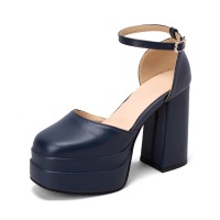 Round Toe Chunky Heels Ankle Buckle Straps Platforms Pumps with Back Zipper - Blue