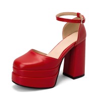 Round Toe Chunky Heels Ankle Buckle Straps Platforms Pumps with Back Zipper - Red
