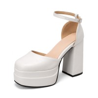 Round Toe Chunky Heels Ankle Buckle Straps Platforms Pumps with Back Zipper - White