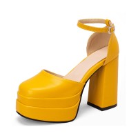 Round Toe Chunky Heels Ankle Buckle Straps Platforms Pumps with Back Zipper - Yellow