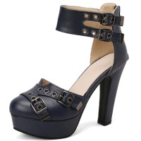 Round Toe Block Heels Ankle Double Buckle Straps Platforms Dorsay Pumps with Back Zipper - Blue
