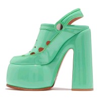 Chunky Heels Round Toe Slingback Platforms Pumps Sandals - Green