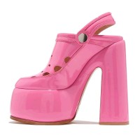 Chunky Heels Round Toe Slingback Platforms Pumps Sandals - Pink