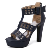 Peep Toe Ankle Buckle Straps Platforms Cuban Heels Gladiator Sandals Pumps - Blue