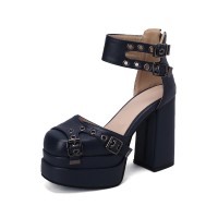 Round Toe Chunky Heels Ankle Buckle Straps Platforms Punk Party Pumps with Back Zipper - Blue
