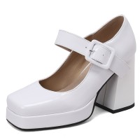 Round Toe Chunky Heels Buckle Straps Patent Platforms Mary Janes Shoes - White