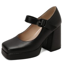 Round Toe Chunky Heels Buckle Straps Matte Platforms Mary Janes Shoes - Black