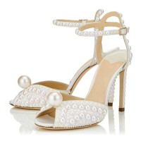 Peep Toe Pearl Stiletto Heels Silk Ankle Buckle Straps Wedding Prom Sandals - White