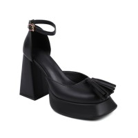 Peep Toe Platforms Chunky Heels Ankle Buckle Straps Tassel Decorate Matte Sandals - Black