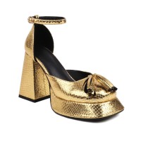 Peep Toe Platforms Chunky Heels Ankle Buckle Straps Tassel Decorate Snake Print Sandals - Gold