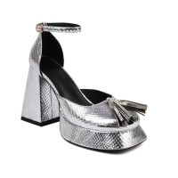 Peep Toe Platforms Chunky Heels Ankle Buckle Straps Tassel Decorate Snake Print Sandals - Silver