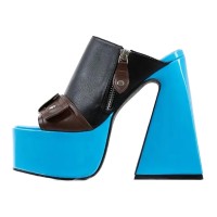 Peep Toe Chunky Heels Side Zipper Platforms Mules Slippers Sandals - Blue