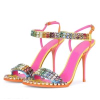 Peep Toe Stiletto Heels Rhinestones Ankle Buckle Straps Multicolor Sandals