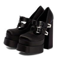Chunky Heels Round Toe Mary Janes Punk Gothic Platforms Pumps Sandals - Black