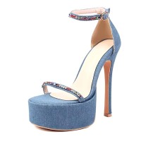 Peep Toe Stiletto Heels Ankle Buckle Straps Rhinestones Platforms Sandals - Blue Denim