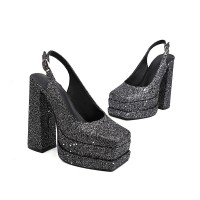 Square Toe Chunky Heels Sequin Back Straps Platforms Pumps - Black