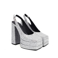 Square Toe Chunky Heels Sequin Back Straps Platforms Pumps - Silver