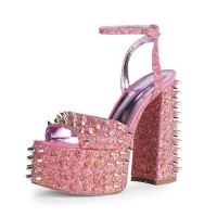 Peep Toe Chunky Heels Ankle Straps Rivet Decorated Bling Platforms Pumps - Pink
