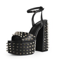 Peep Toe Chunky Heels Ankle Straps Gold Rivet Decorated Platforms Pumps - Black