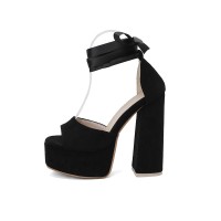 Peep Toe Chunky Heels Ribbon Lace Up Straps Platforms Pumps - Black