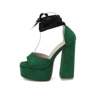 Peep Toe Chunky Heels Ribbon Lace Up Straps Platforms Pumps - Green