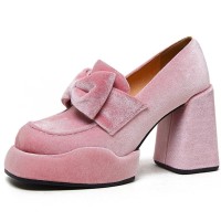 Round Toe Chunky Heels Butterfly Ribbon Knot Casual Loafers Pumps - Pink