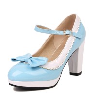 Round Toe Cute Bowknot Chunky Heels Lolita Vintage Mary Janes Platforms Pumps - Sky Blue Patent