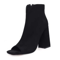 Peep Toe Chunky Heels Side Zipper Breathable Summer Boots - Black Flock