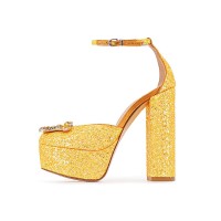 Round Toe Chunky Heels Glitter Rhinestones Ankle Straps Platforms Dorsay Pumps - Gold